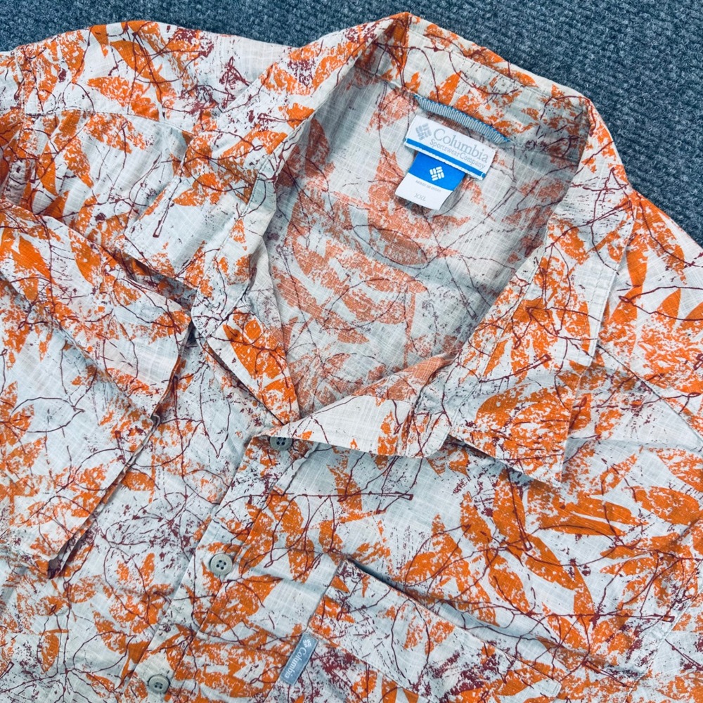 Columbia Men's 2XL Rapid Rivers Orange Leaf Print Camp Button Up Shirt Cotton